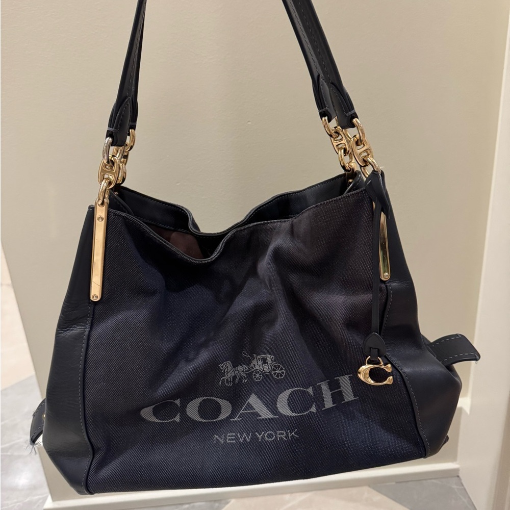 Coach Horse and Carriage Leather and Jean Navy Shoulder Bag with Gold Accents